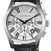 Emporio Armani Men's AR0669 Chronograph Silver Dial Black Leather Watch