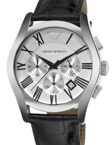 Emporio Armani Men's AR0669 Chronograph Silver Dial Black Leather Watch