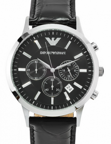 Emporio Armani Chronograph Black Dial Black Leather Men's Watch AR2447