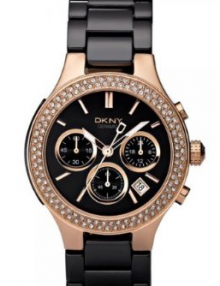 DKNY NY4984 Ladies Rose Gold Chronograph Crystal Bezel Black Ceramic Watch