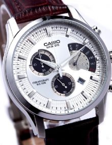 BEM-506L-7A White Casio Leather Watch Chronograph Date Day Full Packy