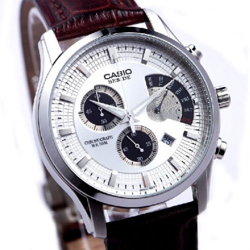 BEM-506L-7A White Casio Leather Watch Chronograph Date Day Full Packy