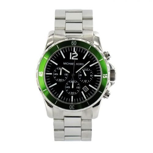 Michael Kors MK8141 Men's Stainless Steel Quartz Chronograph Black Dial Link Bracelet Green Bezel Watch