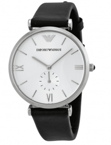 Emporio Armani AR1674 Retro Silver Dial Black Leather Strap Mens Watch