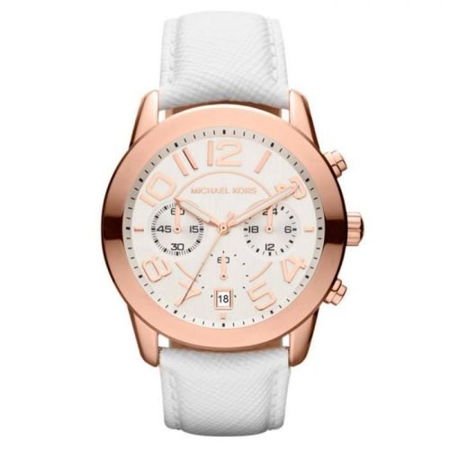 Michael Kors Ladies MK2289 Mercer Rose Gold White Strap Chronograph Watch