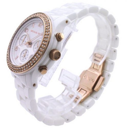 Michael Kors MK5269 Women's White Ceramic Link Bracelet Quartz Chronograph Two Tone Crystal