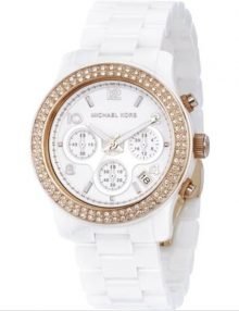 Michael Kors MK5269 Women's White Ceramic Link Bracelet Quartz Chronograph Two Tone Crystal