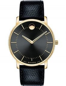 Movado 606847 Slim Black Gold Tone Classic Mens Watch with Leather Band