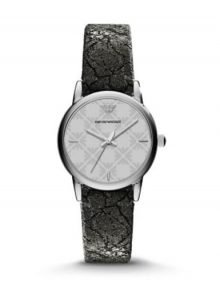 Armani AR1814 Classic Womens White Dial Watch with Black Cracked Leather Band
