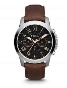 Fossil Mens Watch Stainless Steel Brown Leather Band Black Dial Chrono Sports Watch FS4813