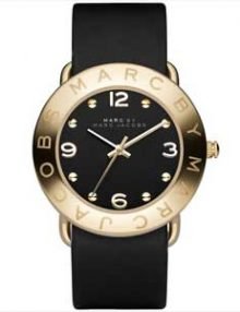 Marc By Marc Jacobs Amy MBM1154 Gold-Tone Stainless Steel Watch with Black Leather Strap