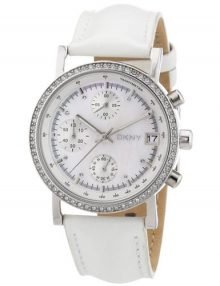 DKNY NY8341 Chrono Quartz Stainless Steel Watch with White Leather Band