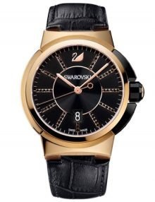 Swarovski 1124142 Piazza Grande Black Dial & Leather Band Watch with Rose Gold Tone Stainless Case