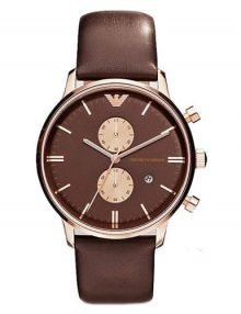 Emporio Armani Gents' Classic rose gold plated stainless steel Toned Chronograph Black Dial Watch AR0387 with Leather Band