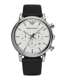 Emporio Armani Chronograph White Dial Black Leather Mens Watch AR1807