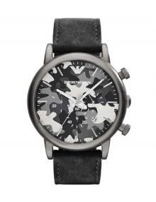 Emporio Armani AR1816 Mens Classic Chronograph Grey Camouflage Dial Watch with Leather Band