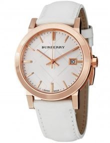 Burberry BU9012 The City Large Check White Leather Band gold plated stainless steel Tonedstainless steel Classic Gents Watch