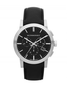 Burberry BU9356 The City Mens Black Leather Chronograph Watch with Check Pattern Dial