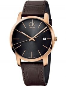 Calvin Klein K2G2G6G3 City Classic gold plated stainless steel Tone Grey Brown Leather Mens watch