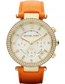 Michael Kors Parker MK2279 gold plated stainless steel Glitz Chronograph Orange Leather Women Watch