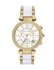 Michael Kors MK6119 Ladies Parker Multi-Function White Dial Watch with gold plated stainless steel Tone and White Acetate Band