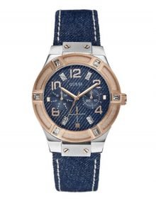 GUESS Women's U0289L1 Silver and rose gold plated stainless steel-Tone Denim Multi-Function Watch