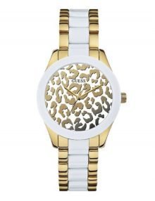 Guess W0344L1 Ladies White Animal Print Watch with gold plated stainless steel-Tone & White Enamel Strap