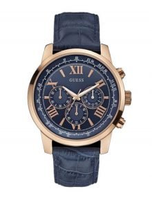Guess W0380G5 Gents Blue Dial & Leather Strap Watch with rose gold plated stainless steel-Tone Case