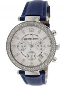 Michael Kors MK2293 Parker Women's Silver Dial Blue Leather Stainless Steel Quartz Chronograph Watch