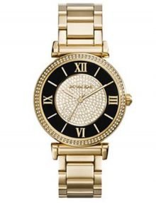 Michael Kors Mk3338 Caitlin Womens Black Dial Gold Tone Stainless Steel Bracelet Watch
