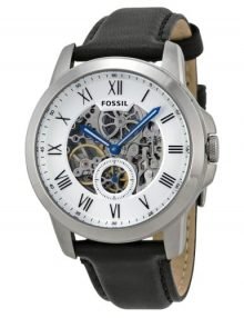 Fossil Grant me3055 men's silver watch - skeleton mid steel case leather band