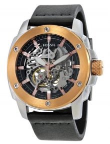 Fossil Modern me3084 men's black watch - skeleton oversize rose gold case leather band