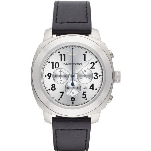 Emporio Armani Chronograph Silver Dial Black Leather Men's Watch AR6054