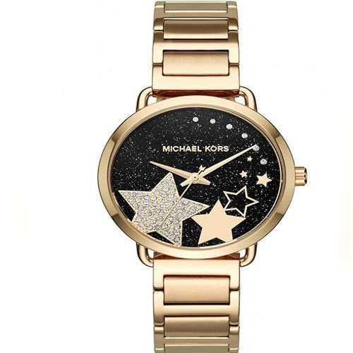 Portia Black Crystal Pave Dial Ladies Gold Tone Watch MK3794